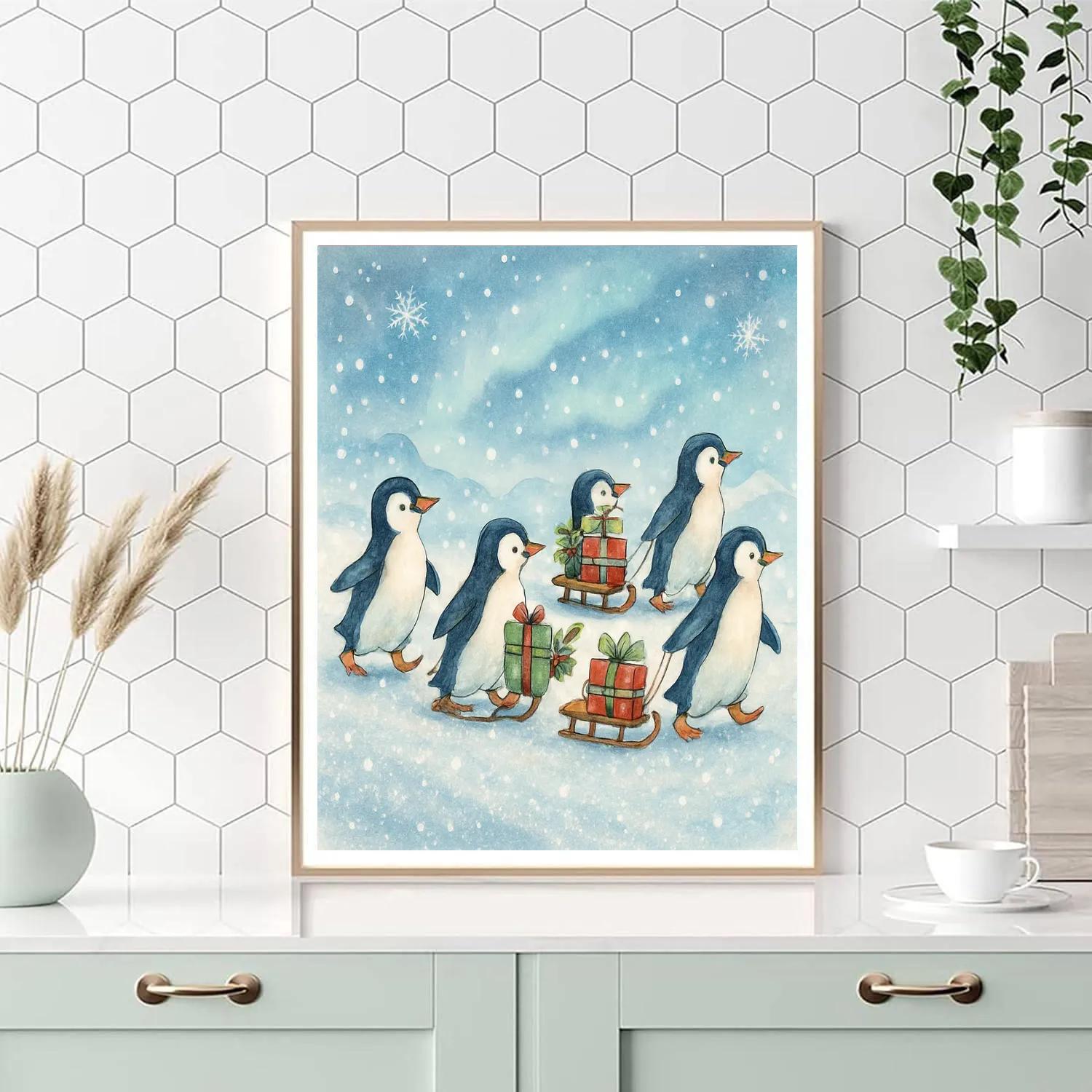 Penguin Parade With Tiny Gift Sleds paint by numbers
