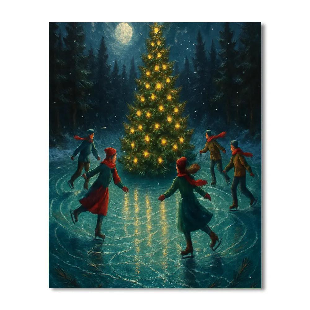Forest Ice Skaters Around A Glowing Fir Circle Paint by numbers art