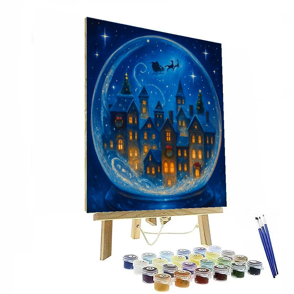 Snow Globe City Skyline With Tiny Sleigh In The Sky Number painting