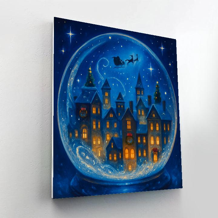 Snow Globe City Skyline With Tiny Sleigh In The Sky Number painting