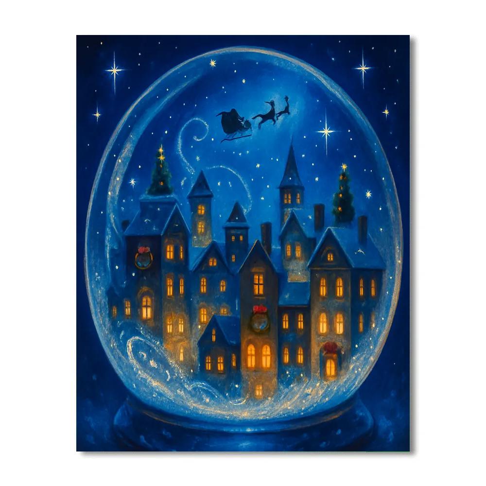 Snow Globe City Skyline With Tiny Sleigh In The Sky Number painting