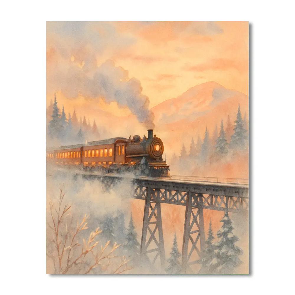 Winter Train Crossing The Pine Valley At Dawn paint by numbers