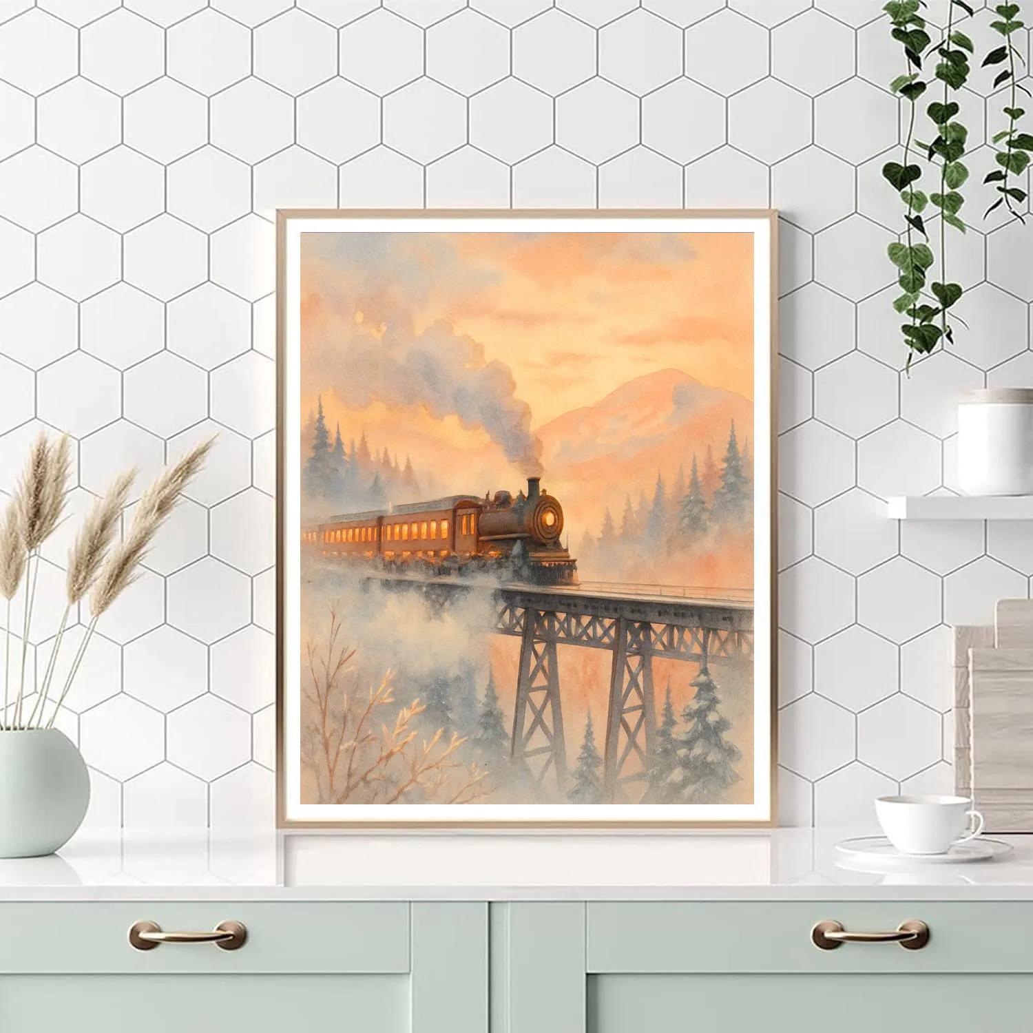 Winter Train Crossing The Pine Valley At Dawn paint by numbers