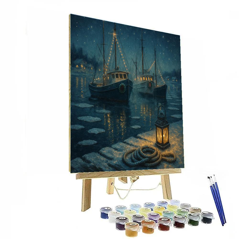 Icy Harbor With Boats Wrapped In Holiday Lights Number painting