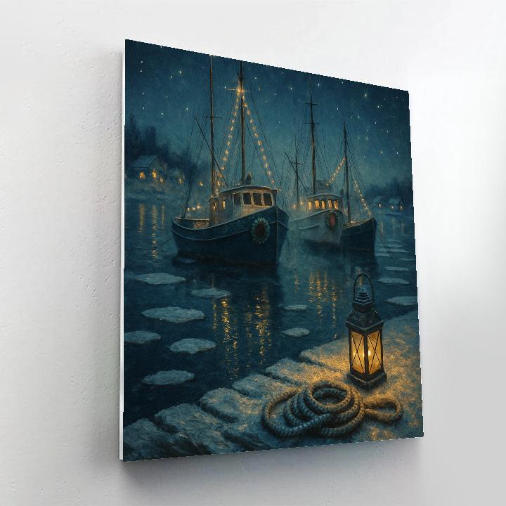 Icy Harbor With Boats Wrapped In Holiday Lights Number painting