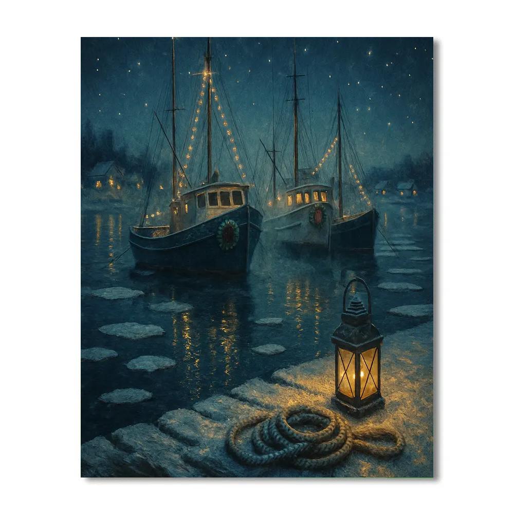 Icy Harbor With Boats Wrapped In Holiday Lights Number painting