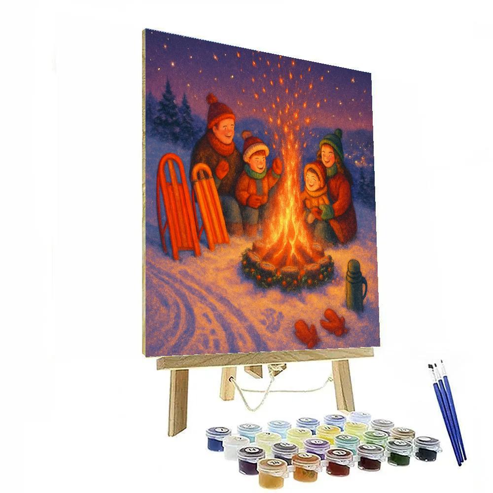 Warming Bonfire On The Snowy Hill With Sleds Paint by numbers art