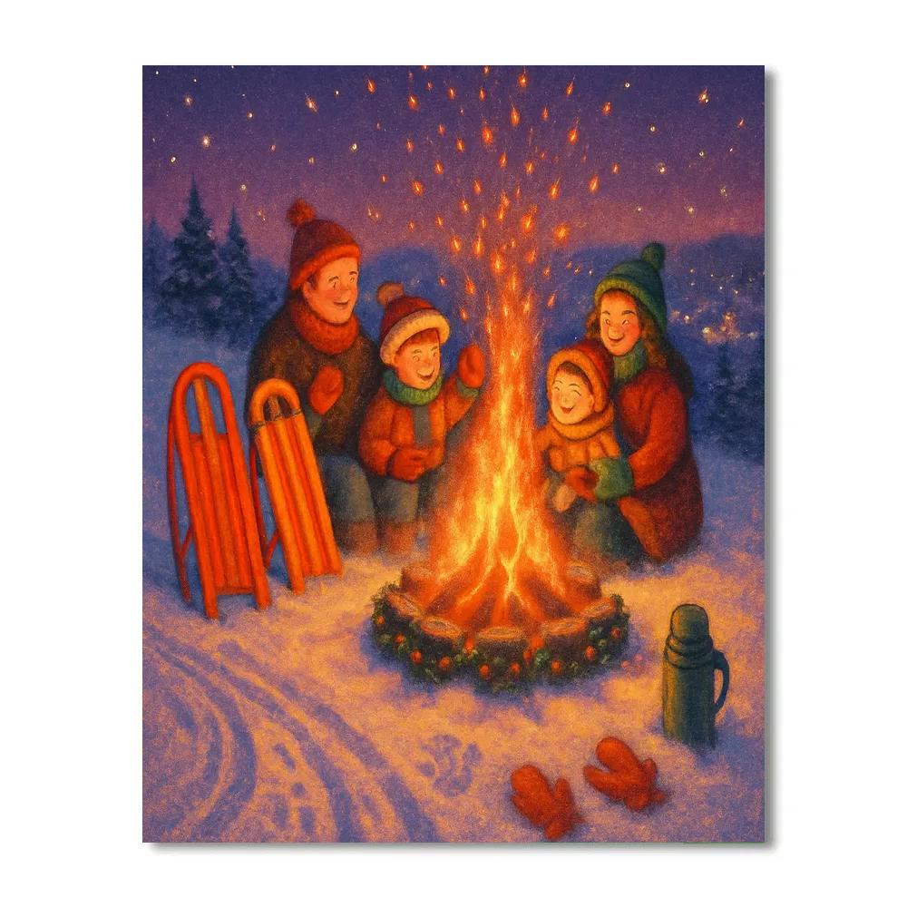 Warming Bonfire On The Snowy Hill With Sleds Paint by numbers art