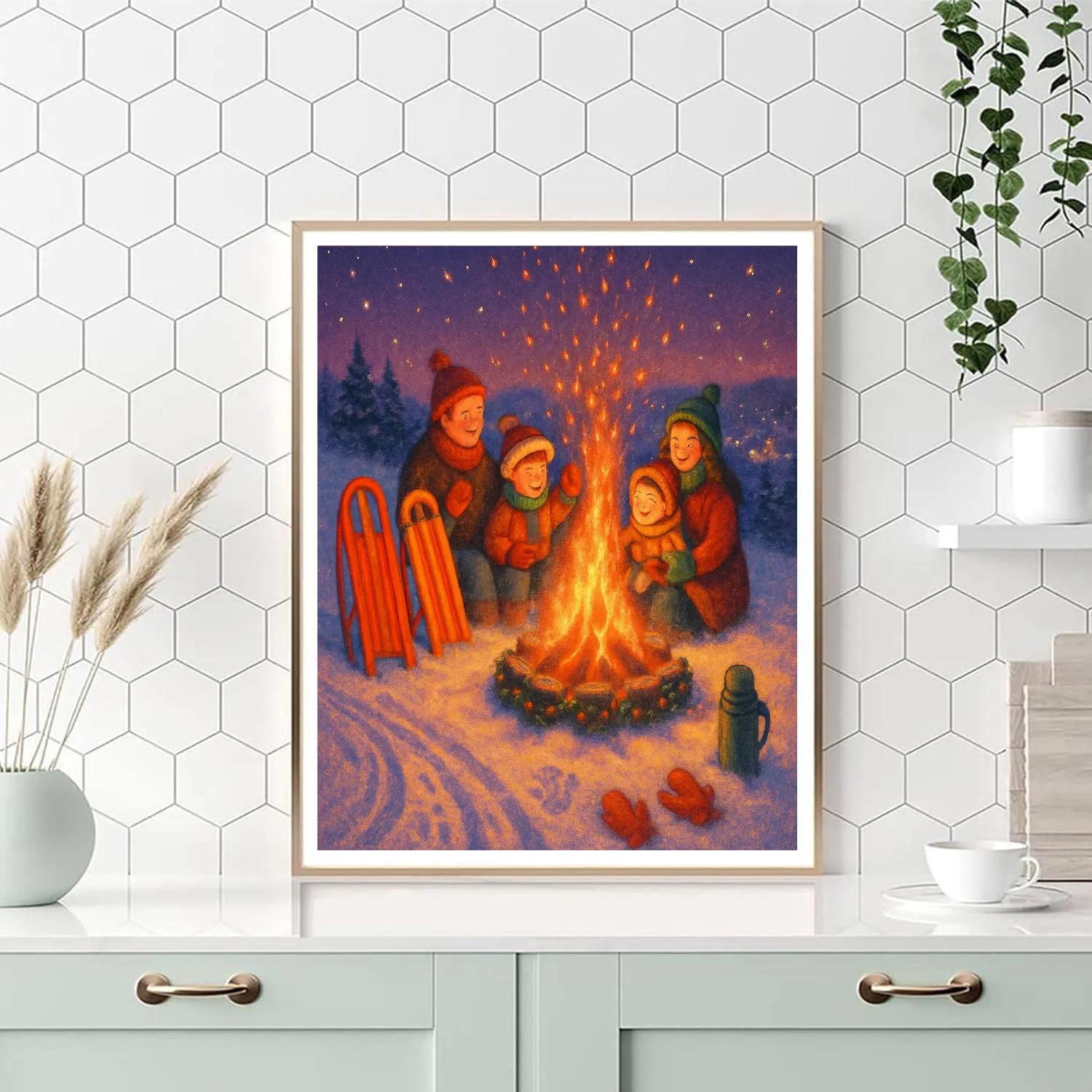 Warming Bonfire On The Snowy Hill With Sleds Paint by numbers art