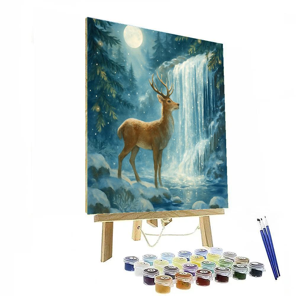 Moonlit Deer At The Crystal Frost Waterfall painting number kit