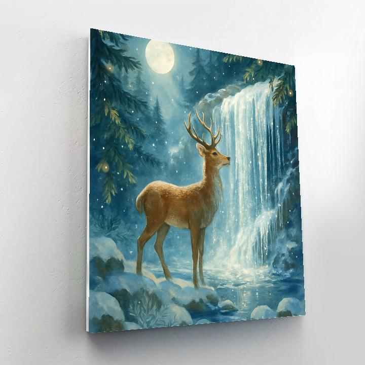 Moonlit Deer At The Crystal Frost Waterfall painting number kit