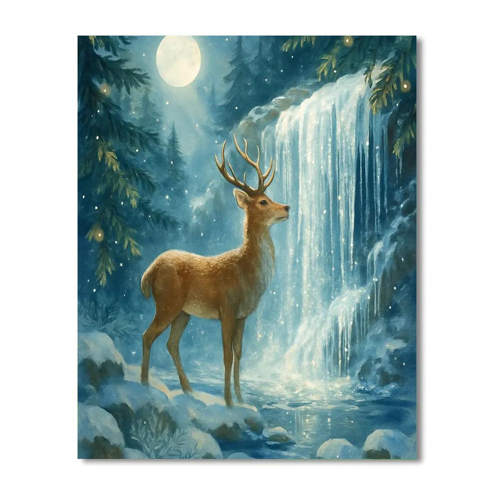 Moonlit Deer At The Crystal Frost Waterfall painting number kit