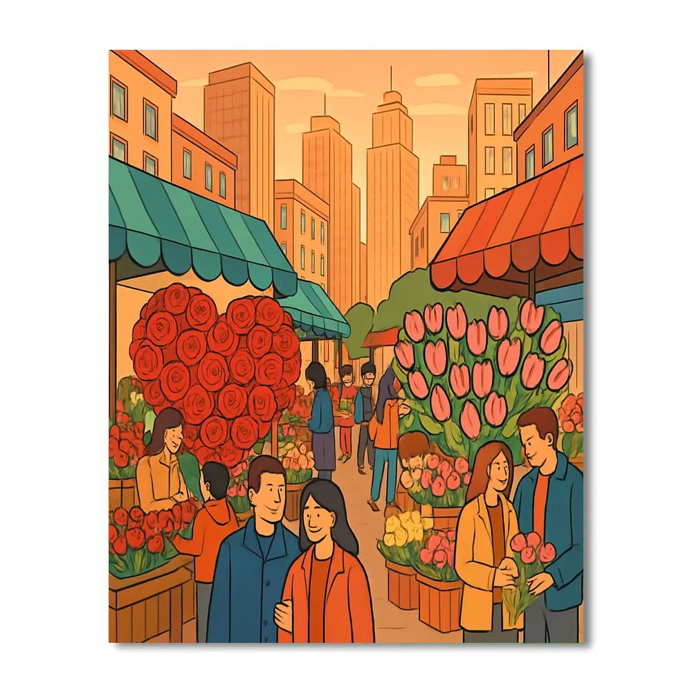 Sunrise City Valentines Day Flower Market Numbered painting kits