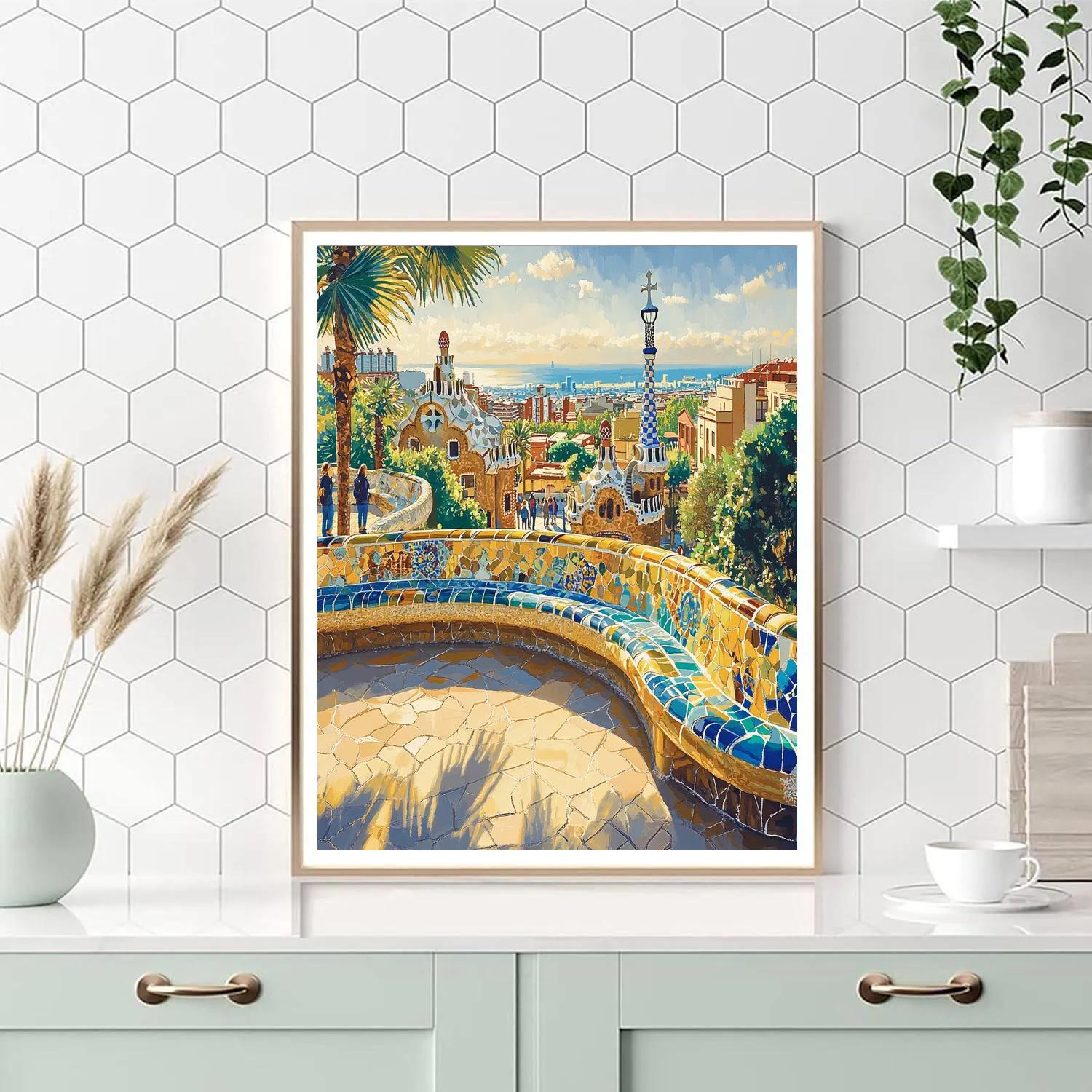 Geometric Courtyards Of Park Guell Barcelona Spain Paint by numbers art