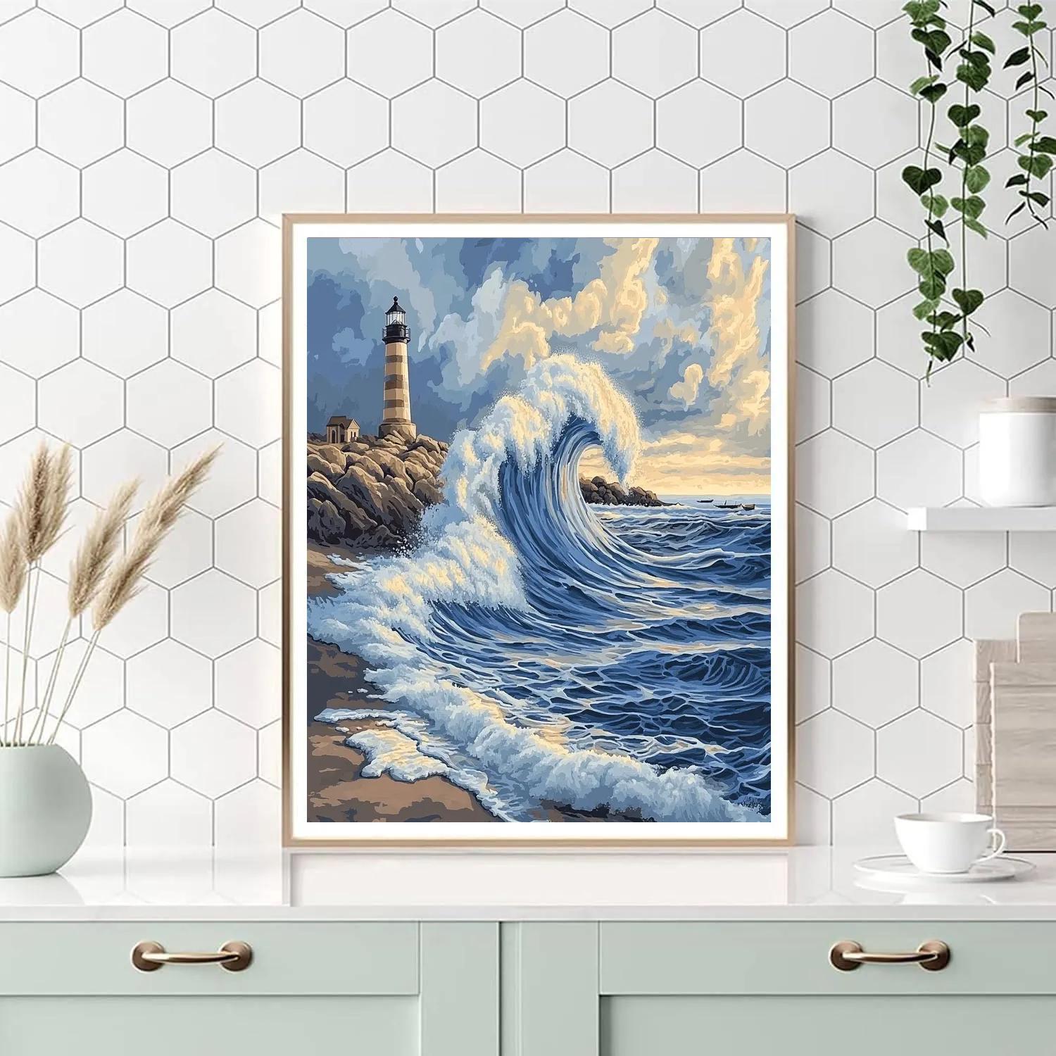 Katsushika Hokusai Inspired Ocean Storm And Lighthouse painting number kit