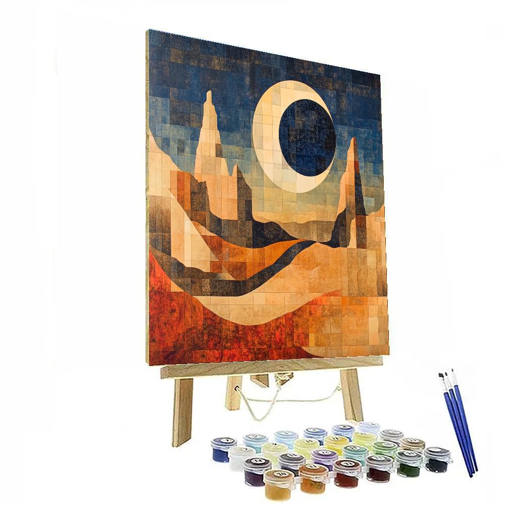 Pablo Picasso Inspired Cubist Eclipse Over Fractured Mesa paint by color