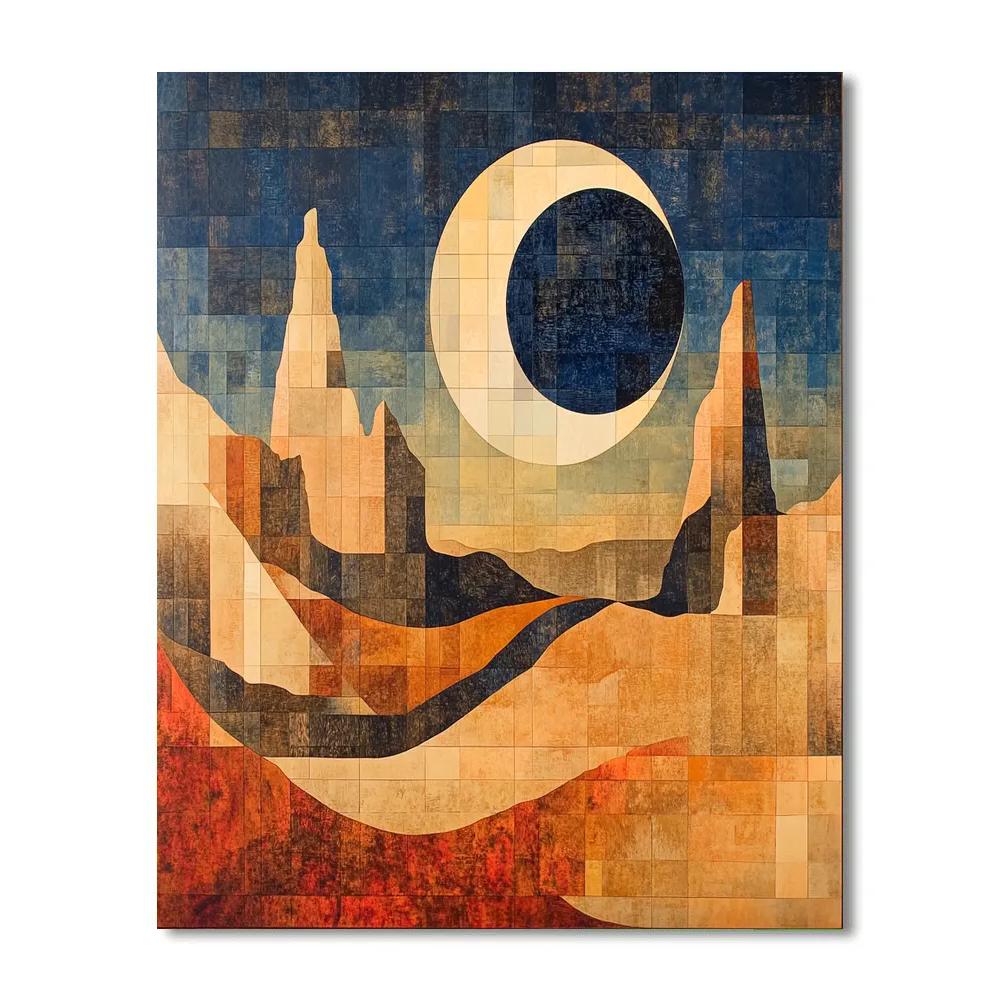 Pablo Picasso Inspired Cubist Eclipse Over Fractured Mesa paint by color