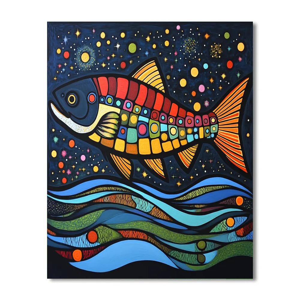 Norval Morrisseau Inspired Salmon Of The Star River Current Number painting