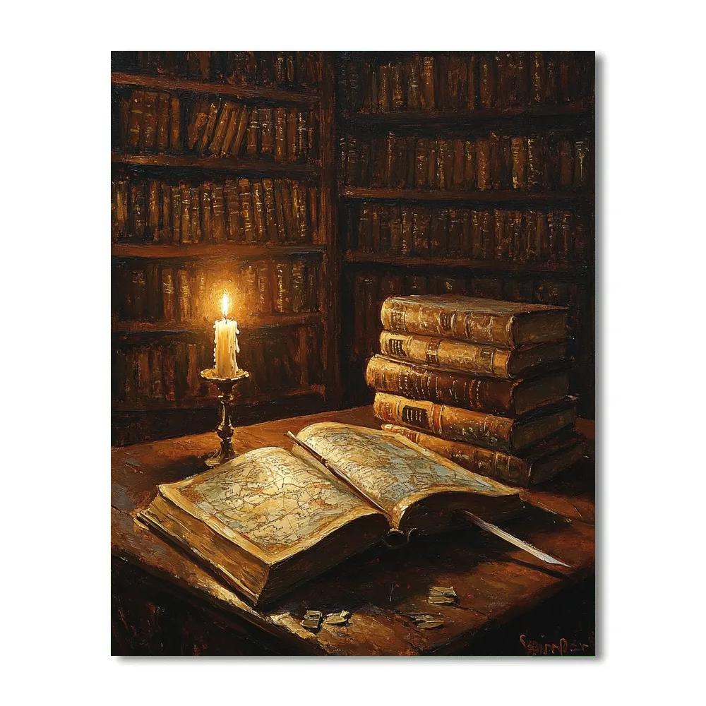 Rembrandt Inspired Candlelit Library Study paint by numbers