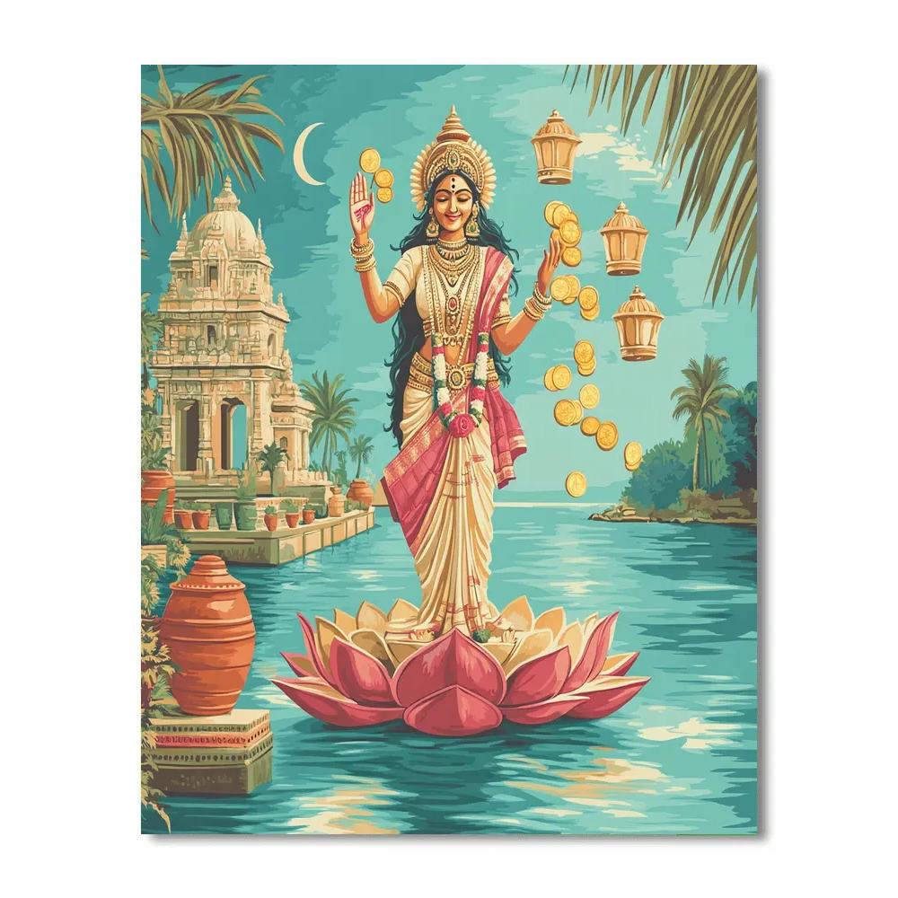 Harbor Of Coin Lanterns With Lakshmi Paint by numbers art