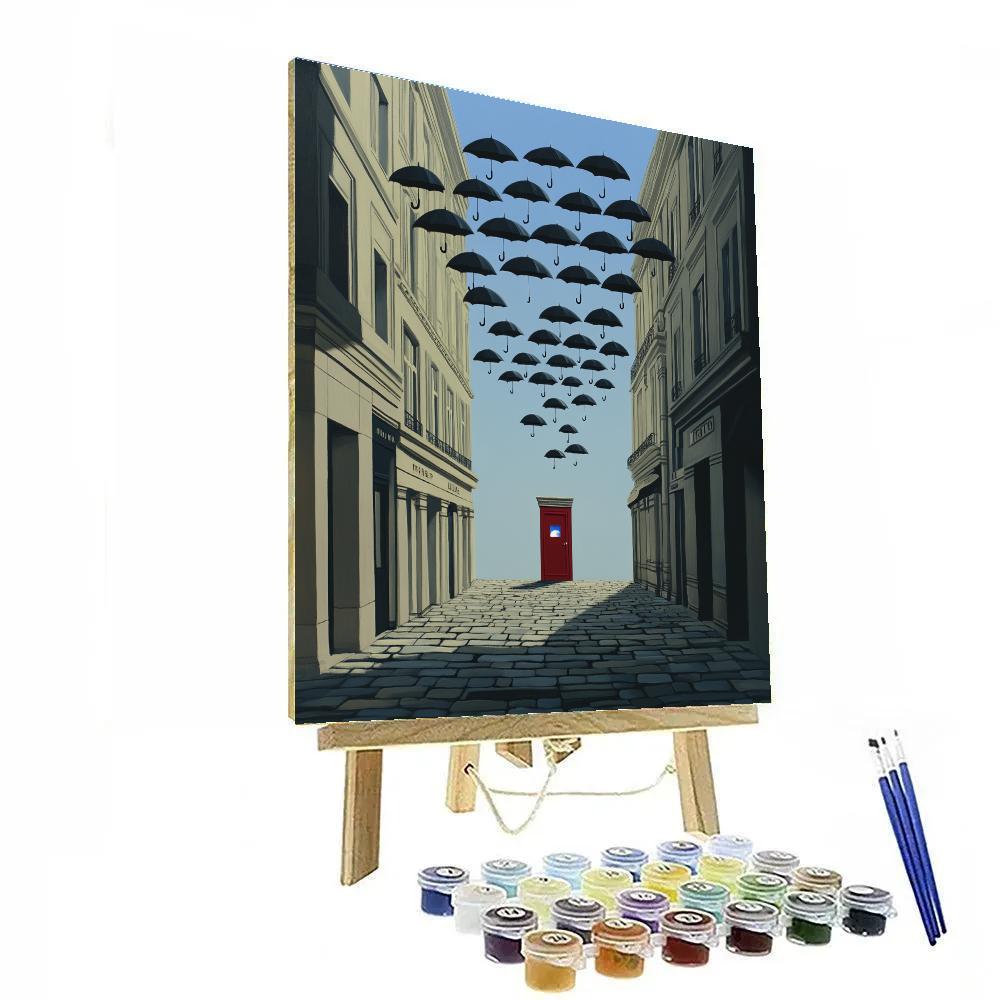 René Magritte Inspired Floating Umbrellas Over City Street DIY paint by numbers