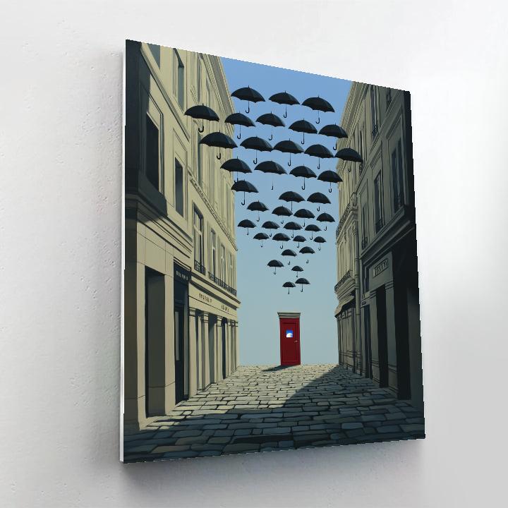 René Magritte Inspired Floating Umbrellas Over City Street DIY paint by numbers