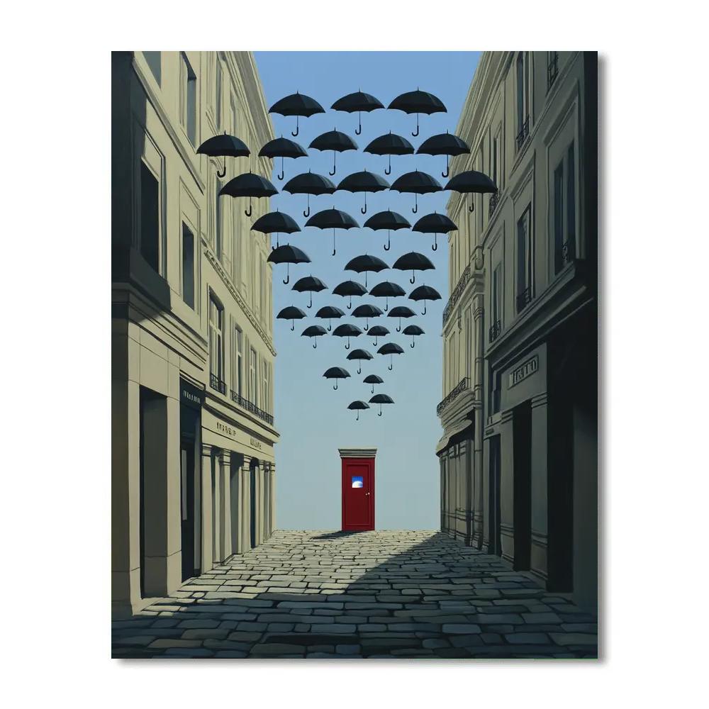 René Magritte Inspired Floating Umbrellas Over City Street DIY paint by numbers