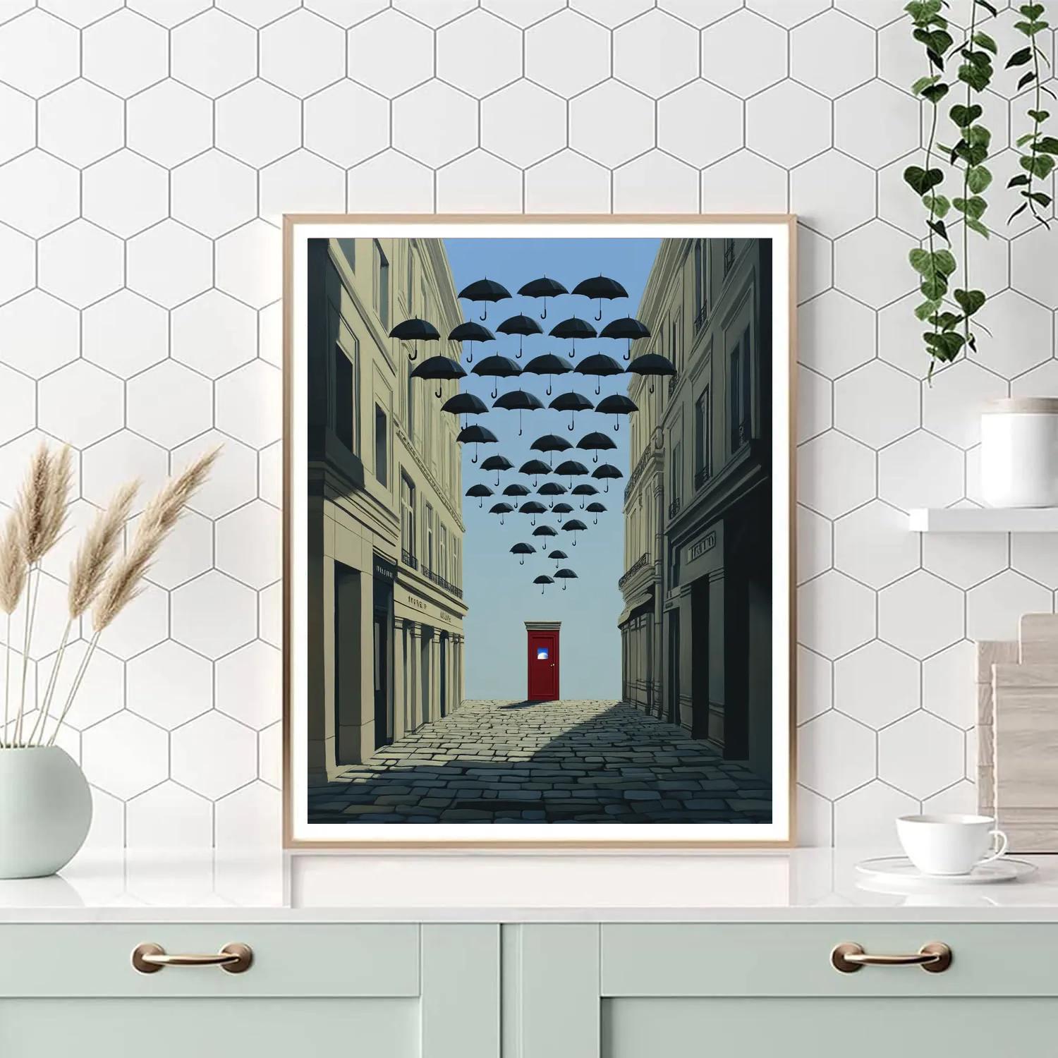 René Magritte Inspired Floating Umbrellas Over City Street DIY paint by numbers
