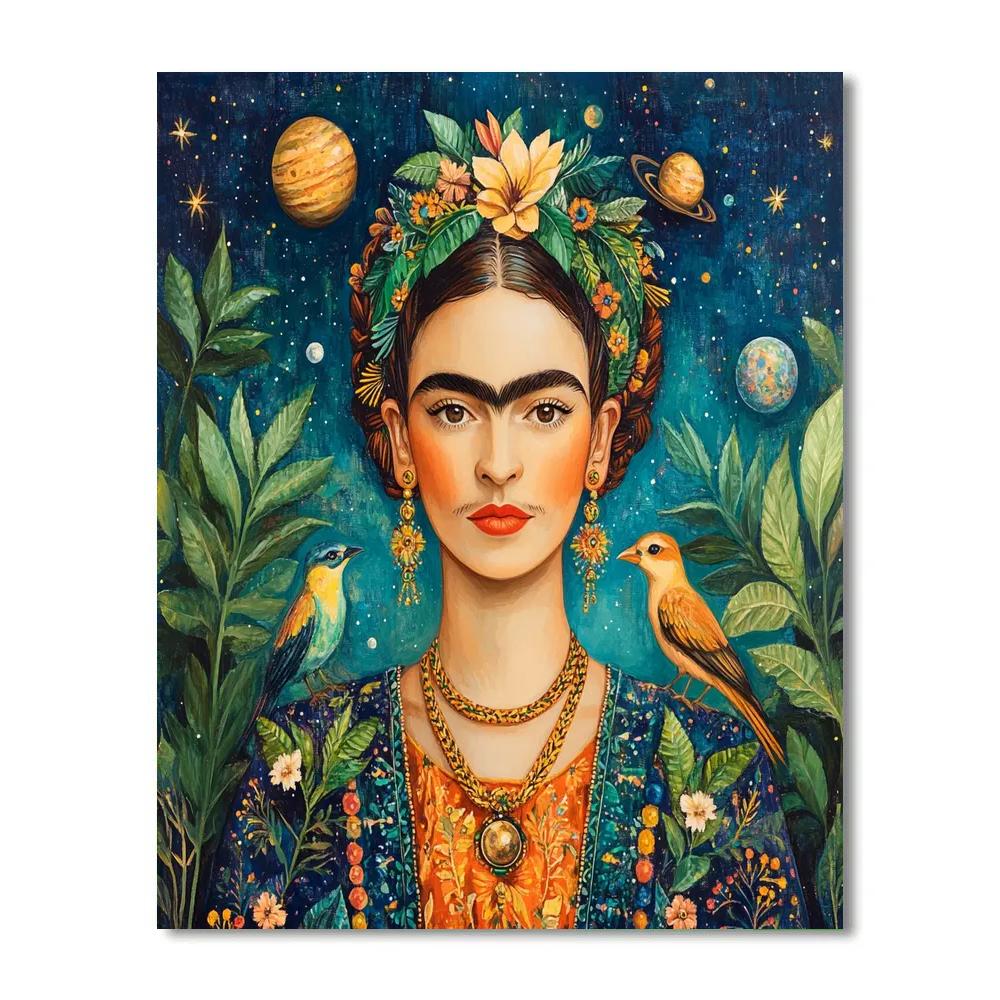 Frida Kahlo Inspired Portrait With Tropical Birds And Planets painting number kit