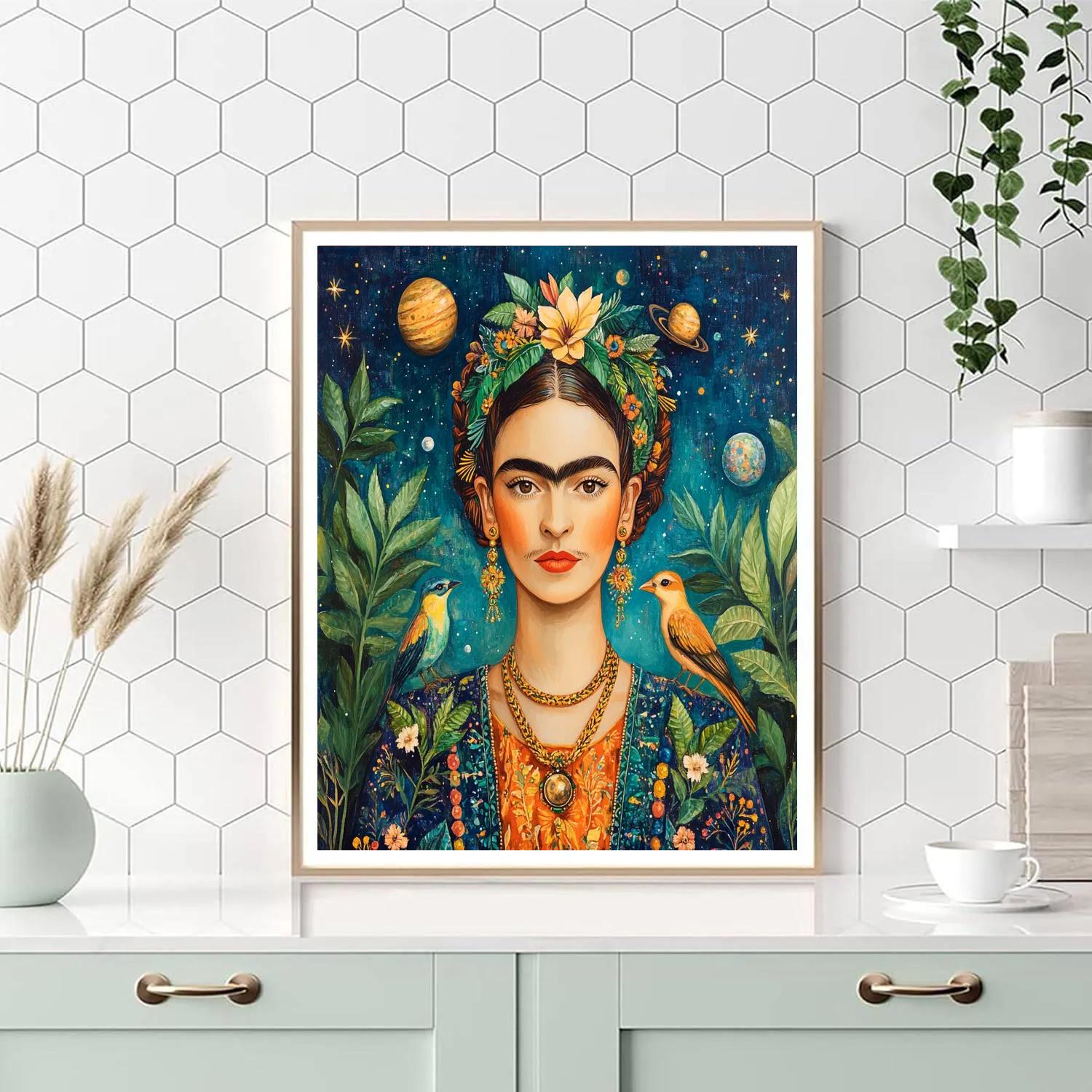 Frida Kahlo Inspired Portrait With Tropical Birds And Planets painting number kit