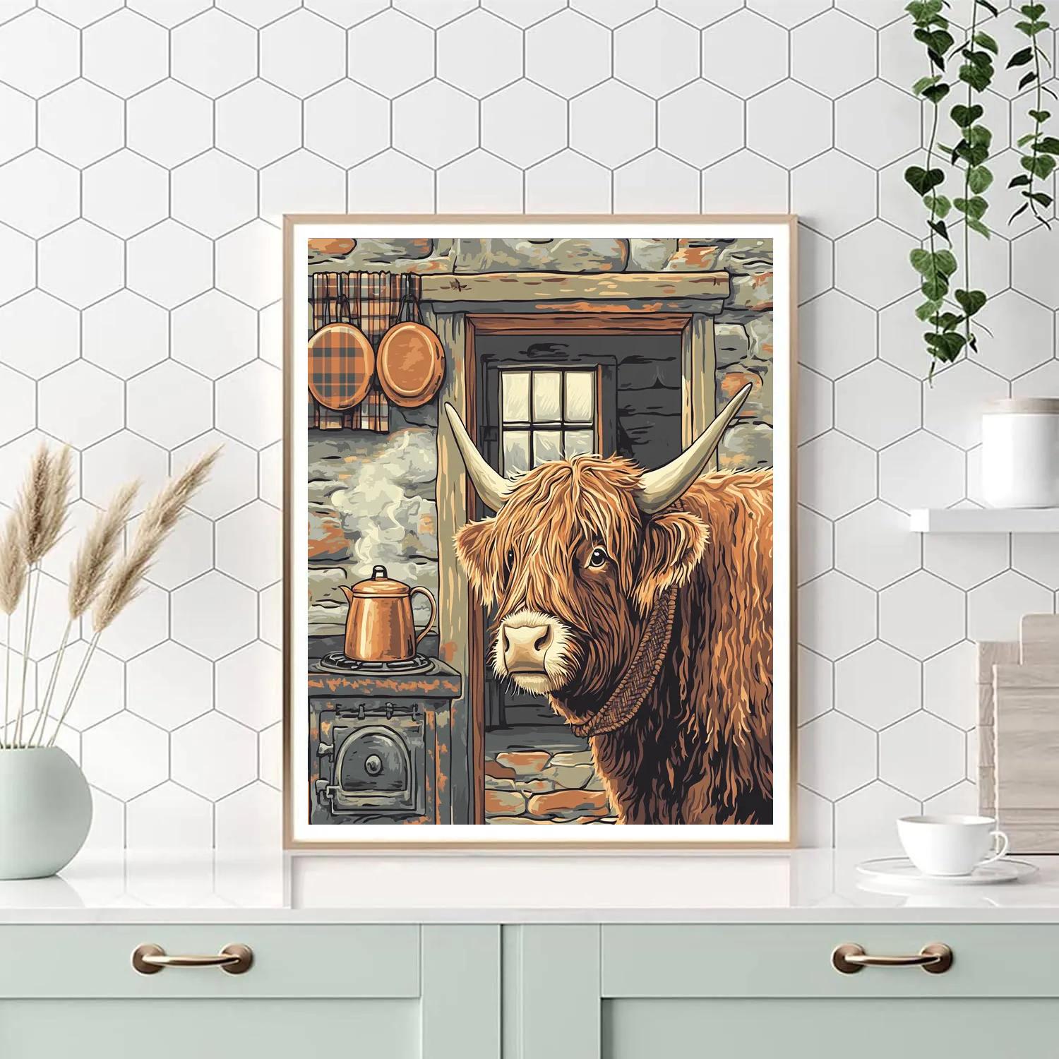 Highland Cow In The Crofthouse Kitchen Painting by numbers kit