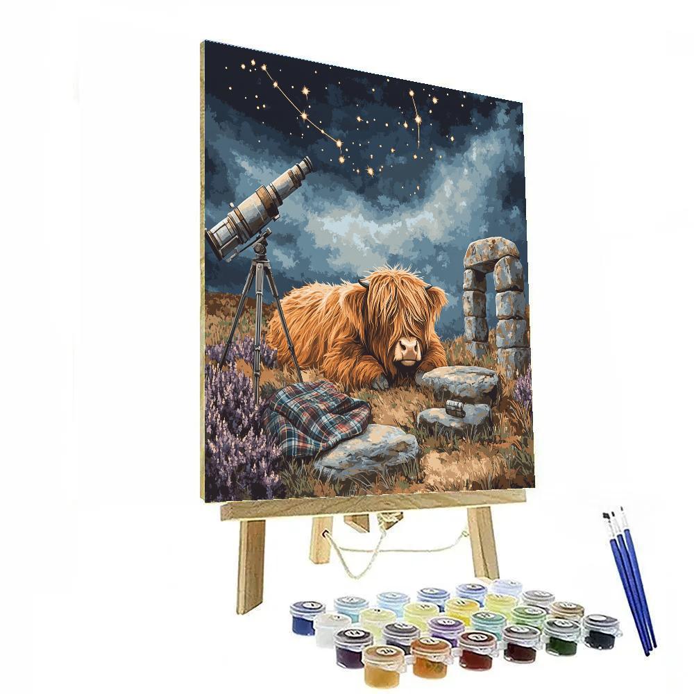 Highland Cow Stargazing By The Stone Circle DIY paint by numbers