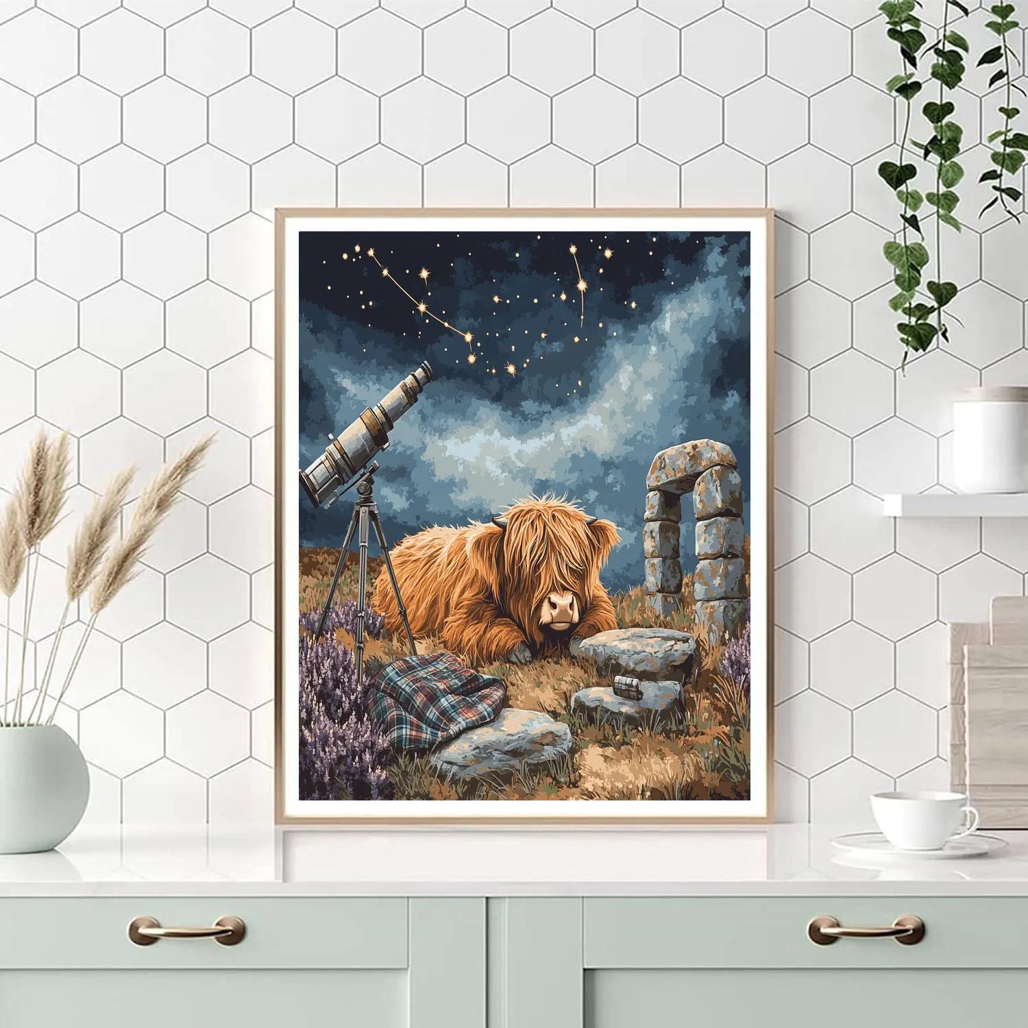 Highland Cow Stargazing By The Stone Circle DIY paint by numbers