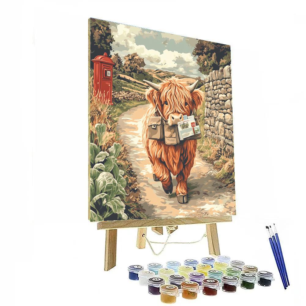 Highland Cow Mail Carrier On A Country Lane Numbered painting kits