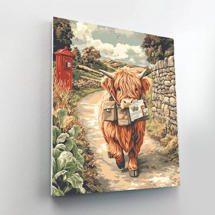 Highland Cow Mail Carrier On A Country Lane Numbered painting kits