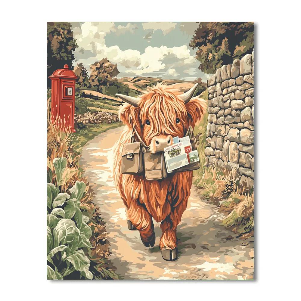 Highland Cow Mail Carrier On A Country Lane Numbered painting kits