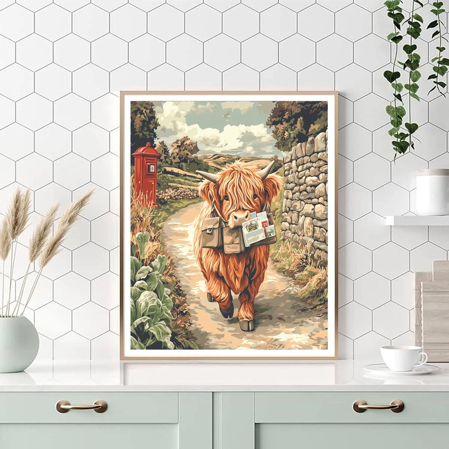 Highland Cow Mail Carrier On A Country Lane Numbered painting kits