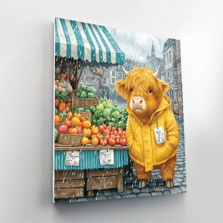 Highland Cow In Raincoat At The Market paint by numbers