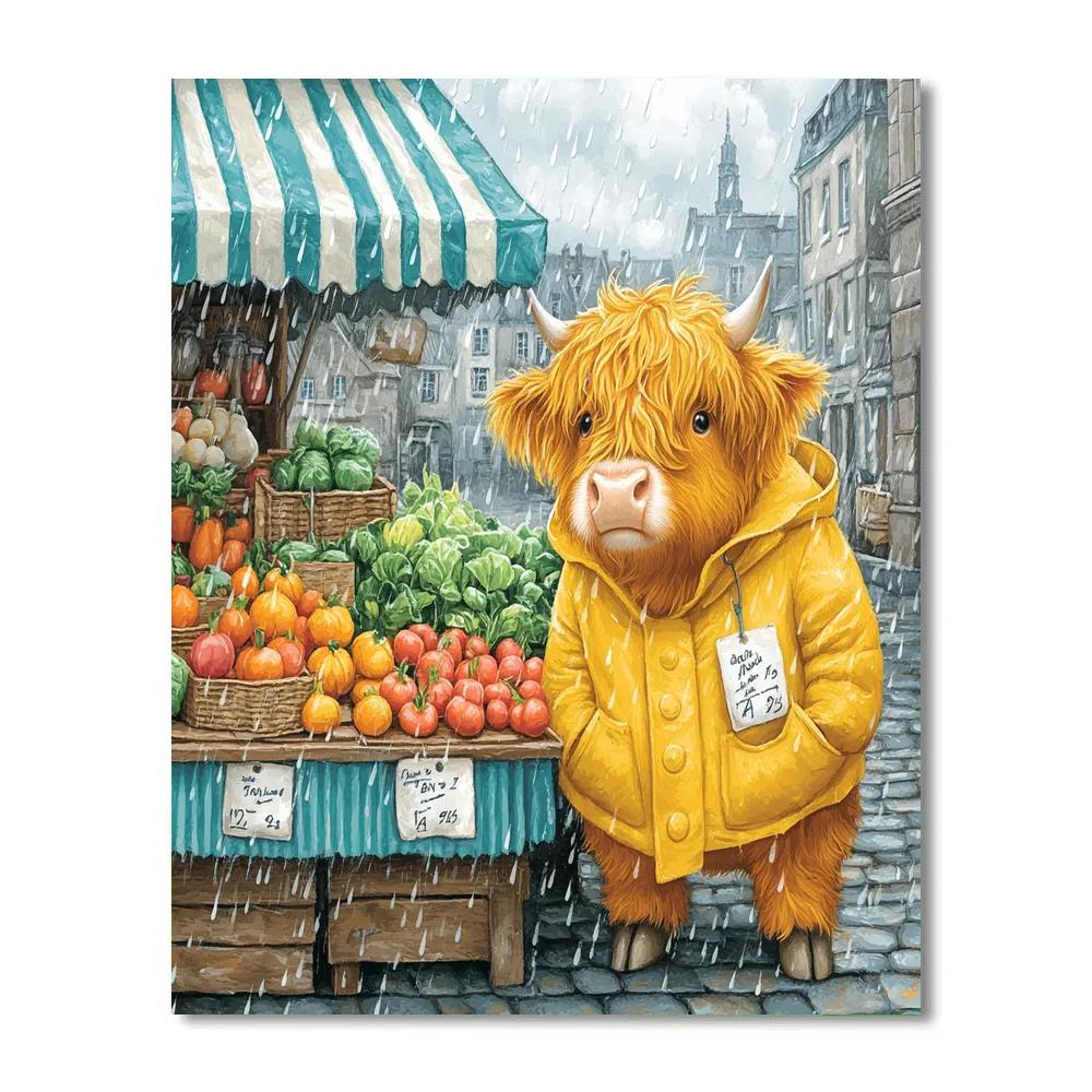 Highland Cow In Raincoat At The Market paint by numbers