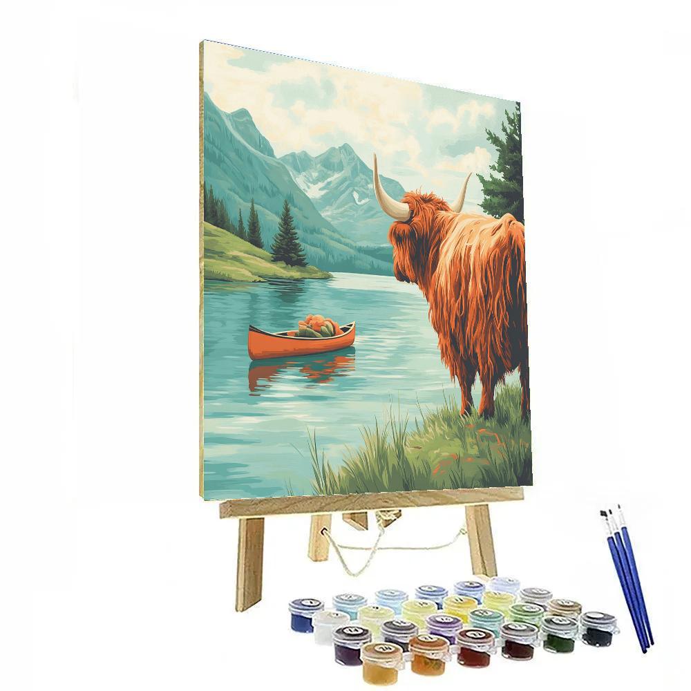 Lochside Canoe With A Highland Cow Lookout Numbered painting kits