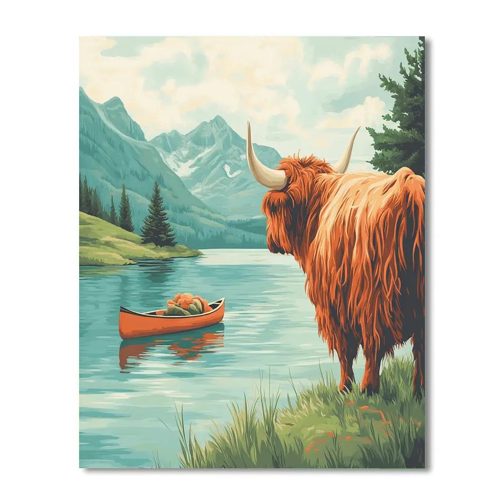 Lochside Canoe With A Highland Cow Lookout Numbered painting kits