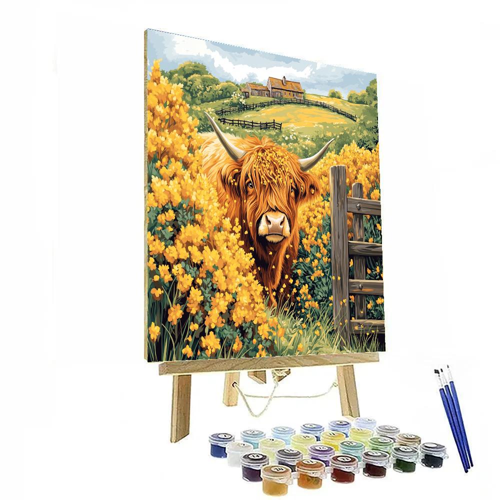 Highland Cow Among Sunlit Gorse Blossoms Painting by numbers kit