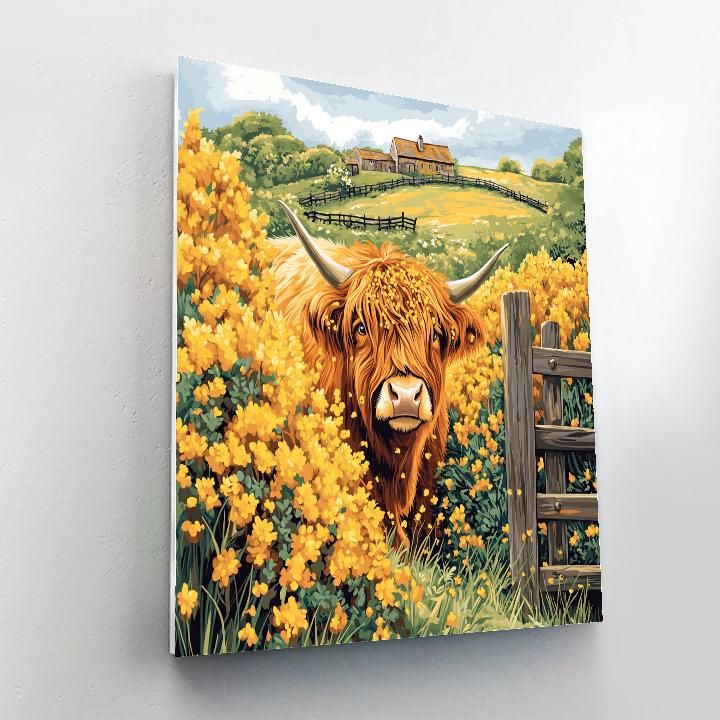 Highland Cow Among Sunlit Gorse Blossoms Painting by numbers kit
