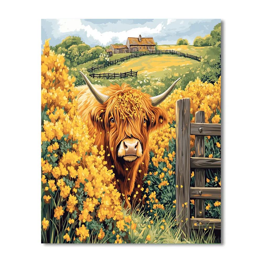 Highland Cow Among Sunlit Gorse Blossoms Painting by numbers kit