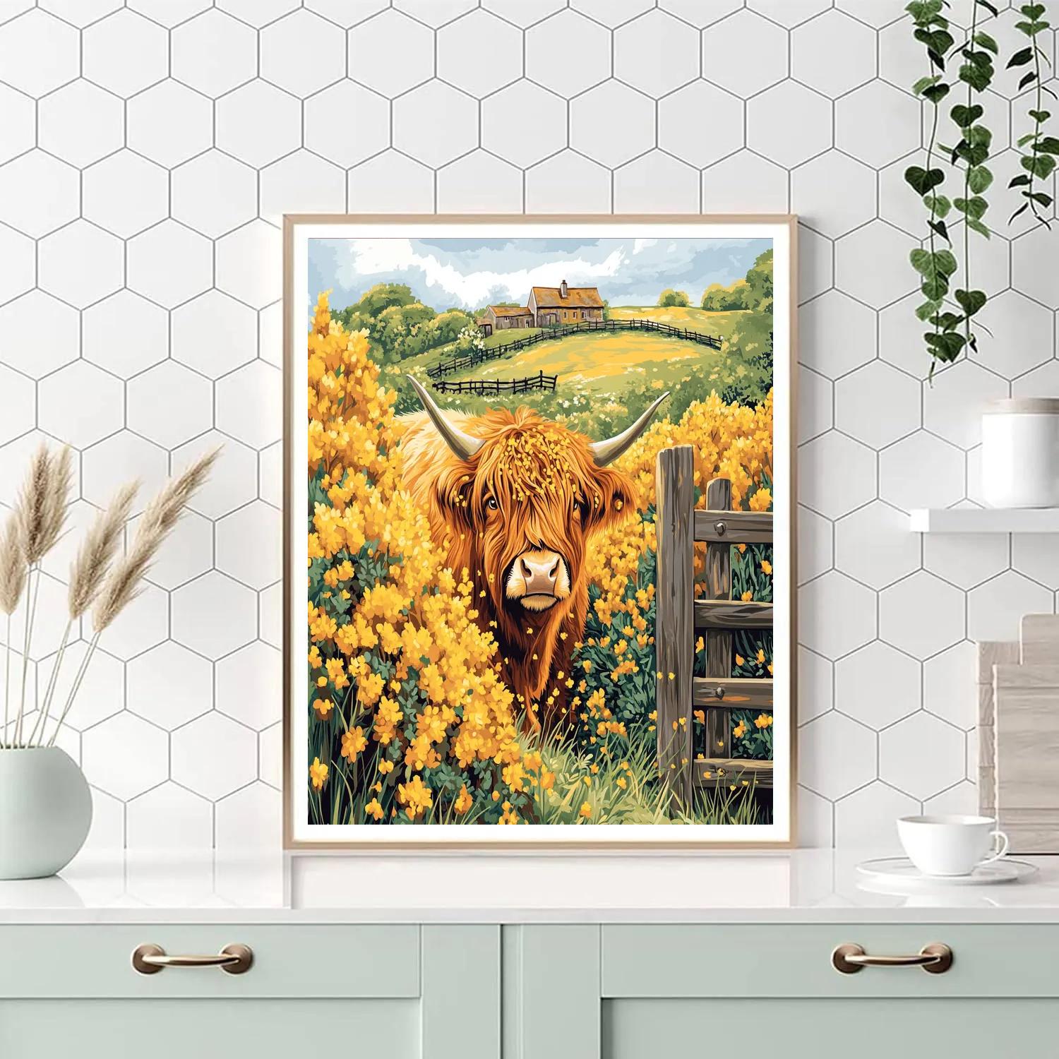 Highland Cow Among Sunlit Gorse Blossoms Painting by numbers kit