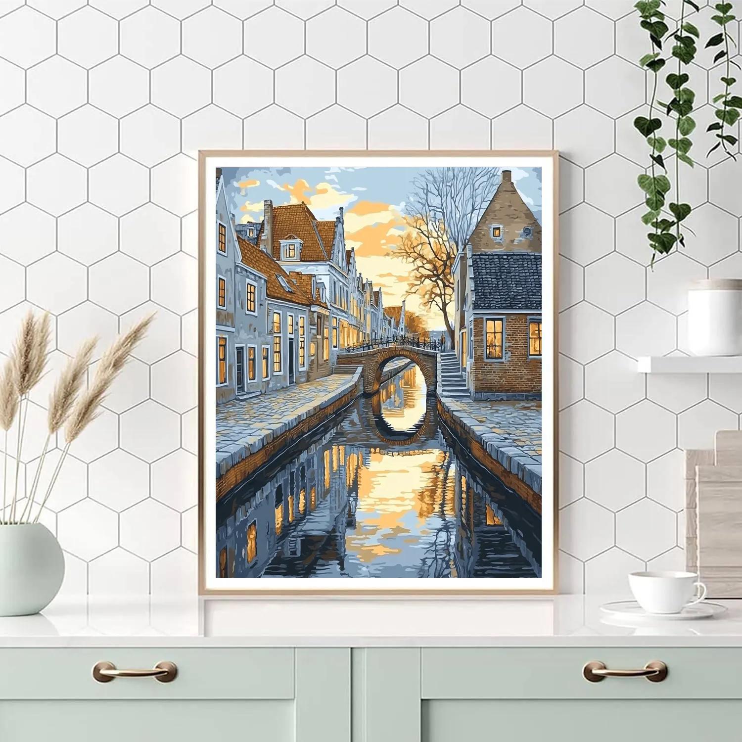 Johannes Vermeer Inspired Delft Canal Mirror At Early Dawn paint by number
