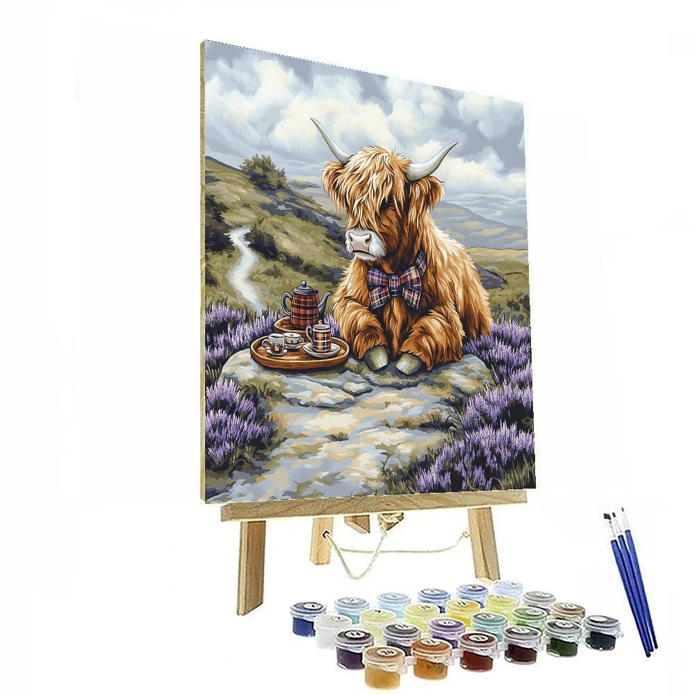 Highland Cow Tea Time On A Hillside Number painting