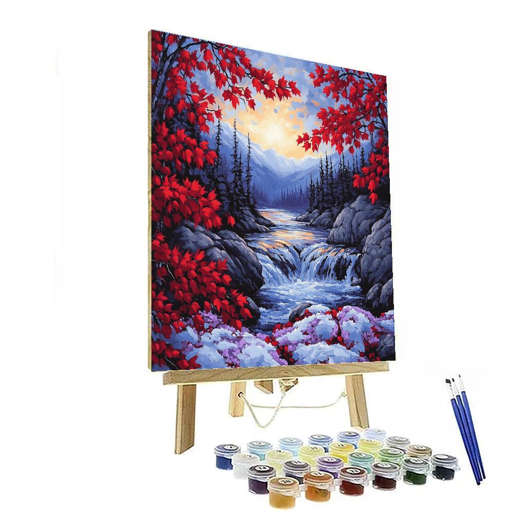 A.Y. Jackson Inspired Vermilion Maple Screen Over Cobalt Rapids paint by number