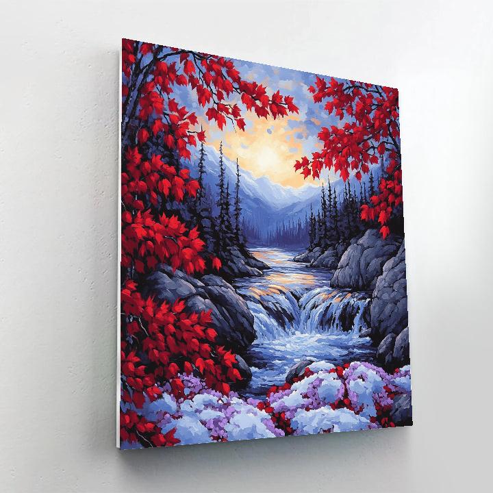 A.Y. Jackson Inspired Vermilion Maple Screen Over Cobalt Rapids paint by number