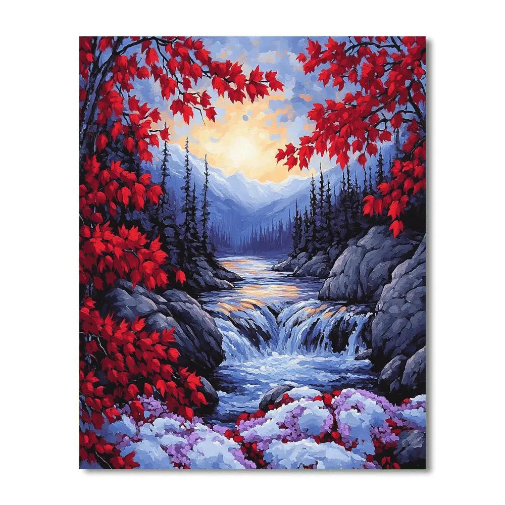 A.Y. Jackson Inspired Vermilion Maple Screen Over Cobalt Rapids paint by number